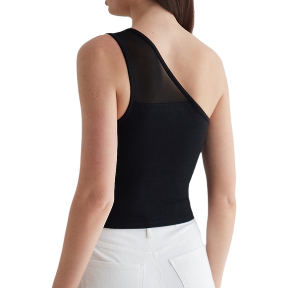 Express Body Contour One Shoulder Cropped Tank Top Womens XL Black Stretch Mesh - Picture 2 of 6